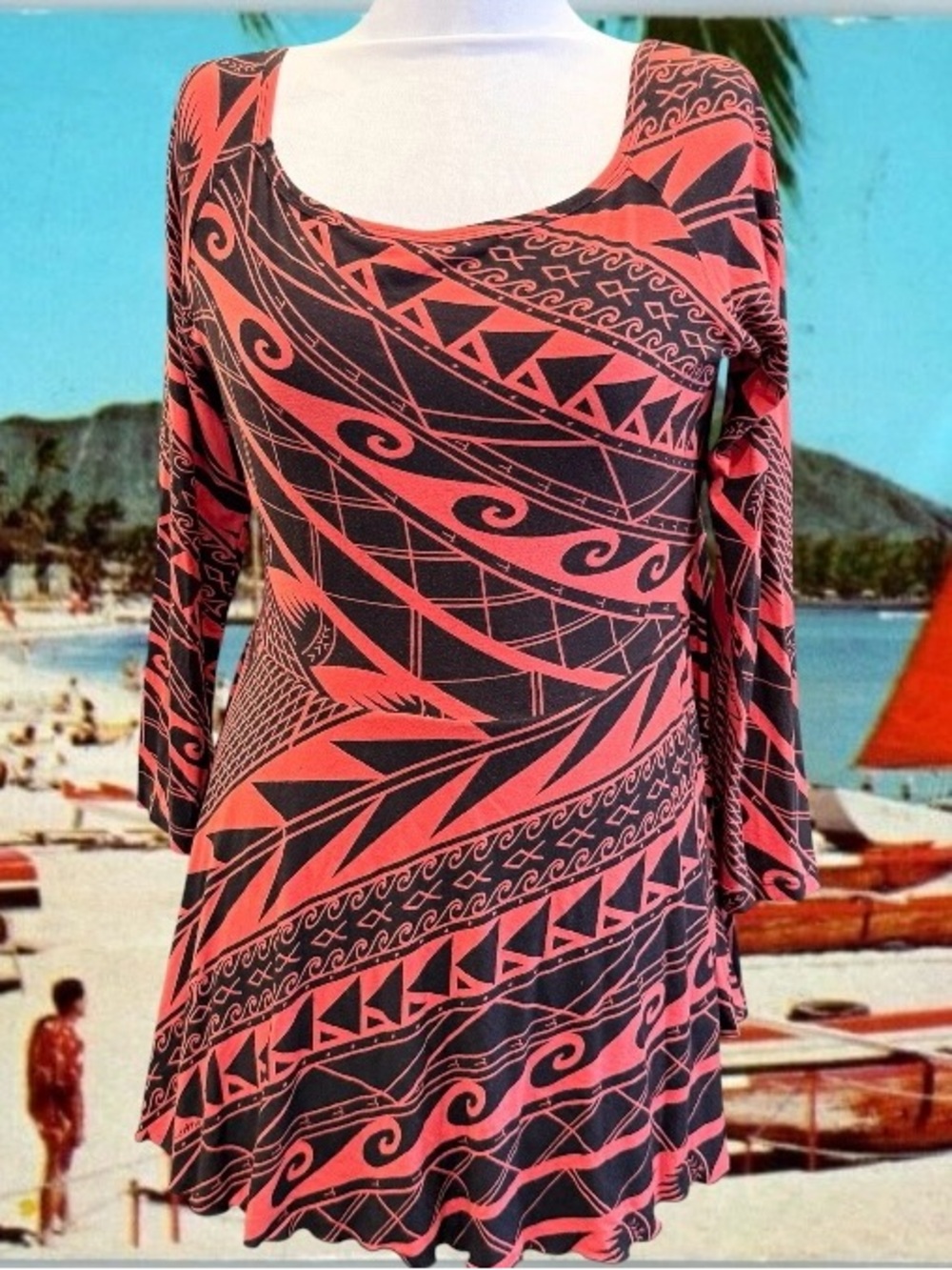 MISSING POLYNESIA Babydoll Top Sz 2 L/XL Hawaiian Aloha Tropical Surf Red Black